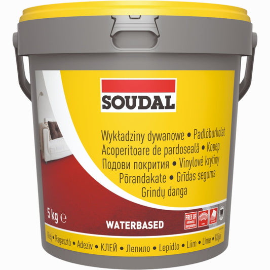 Adeziv de Construcții Soudal 26A - 5kg, alb, fixare puternică pentru pardoseli din PVC, mochetă și linoleum, aplicare ușoară.