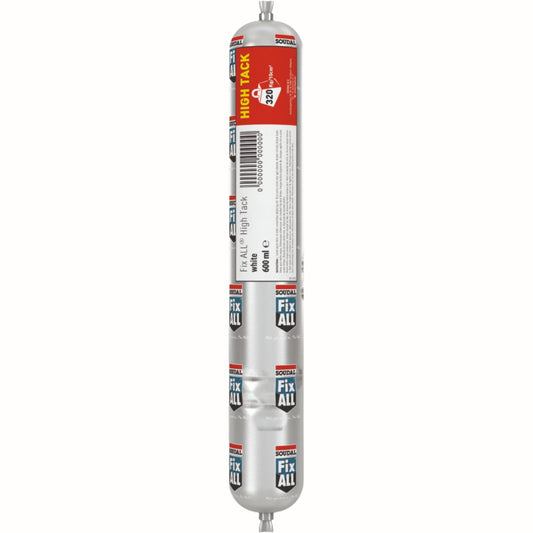 Adeziv de Construcții Soudal High Tack Fix All - 600ml, alb, fixare instantanee, aderență puternică pe metal, beton, lemn și PVC.