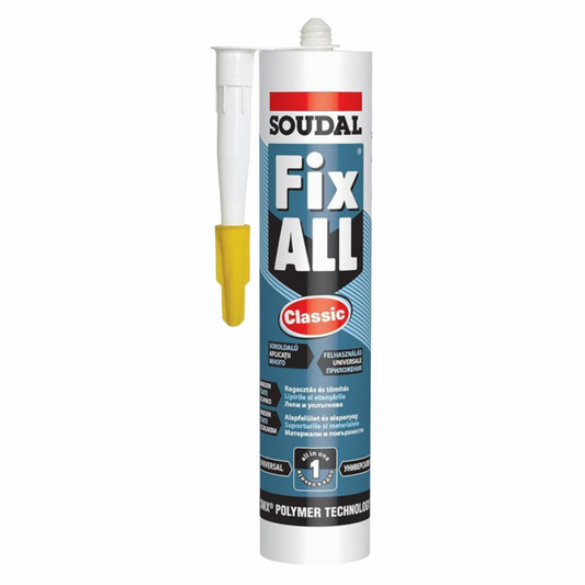 Adeziv și etanșant Soudal Fix All Flexi - Alb, 290ml, elastic și rezistent la umiditate, pentru construcții și bricolaj.