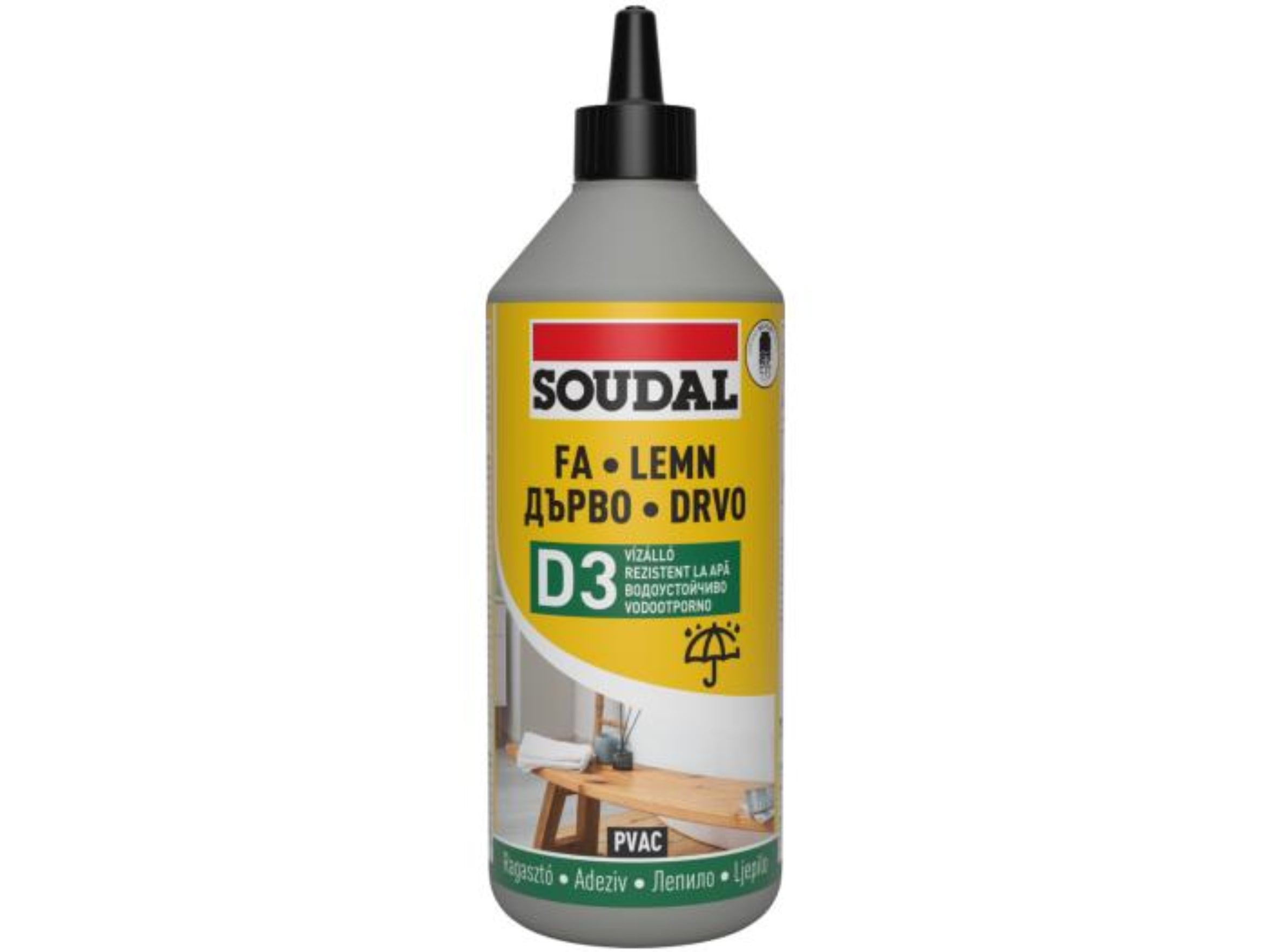 Adeziv Profesional pentru Lemn Soudal 62A - 750g, rezistență D2, fixare puternică, aplicare ușoară, uscare semi-transparentă, ideal pentru mobilier și reparații din lemn.
