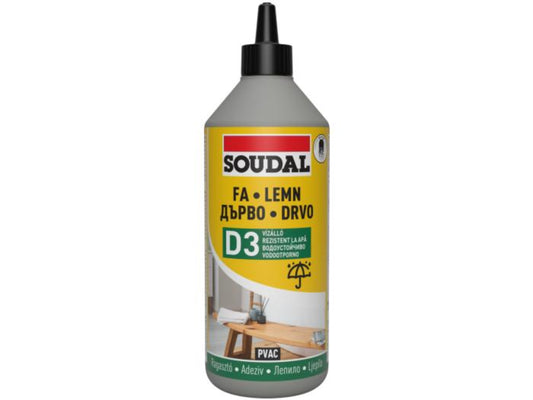 Adeziv Profesional pentru Lemn Soudal 62A - 750g, rezistență D2, fixare puternică, aplicare ușoară, uscare semi-transparentă, ideal pentru mobilier și reparații din lemn.