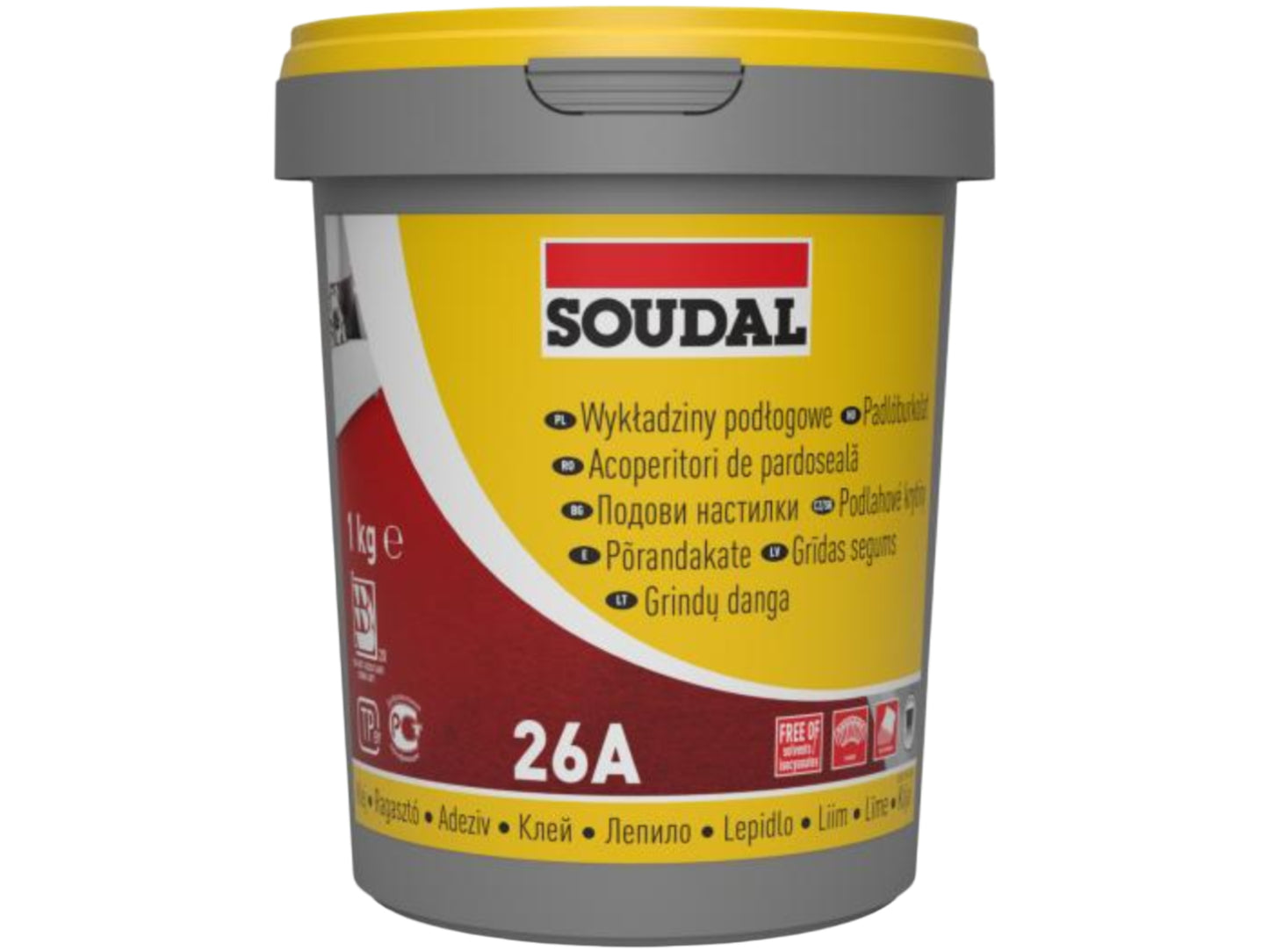 Adeziv Soudal 26A - 15kg, crem, fixare puternică pentru mochetă, linoleum și pardoseli flexibile, aderență ridicată și aplicare ușoară.