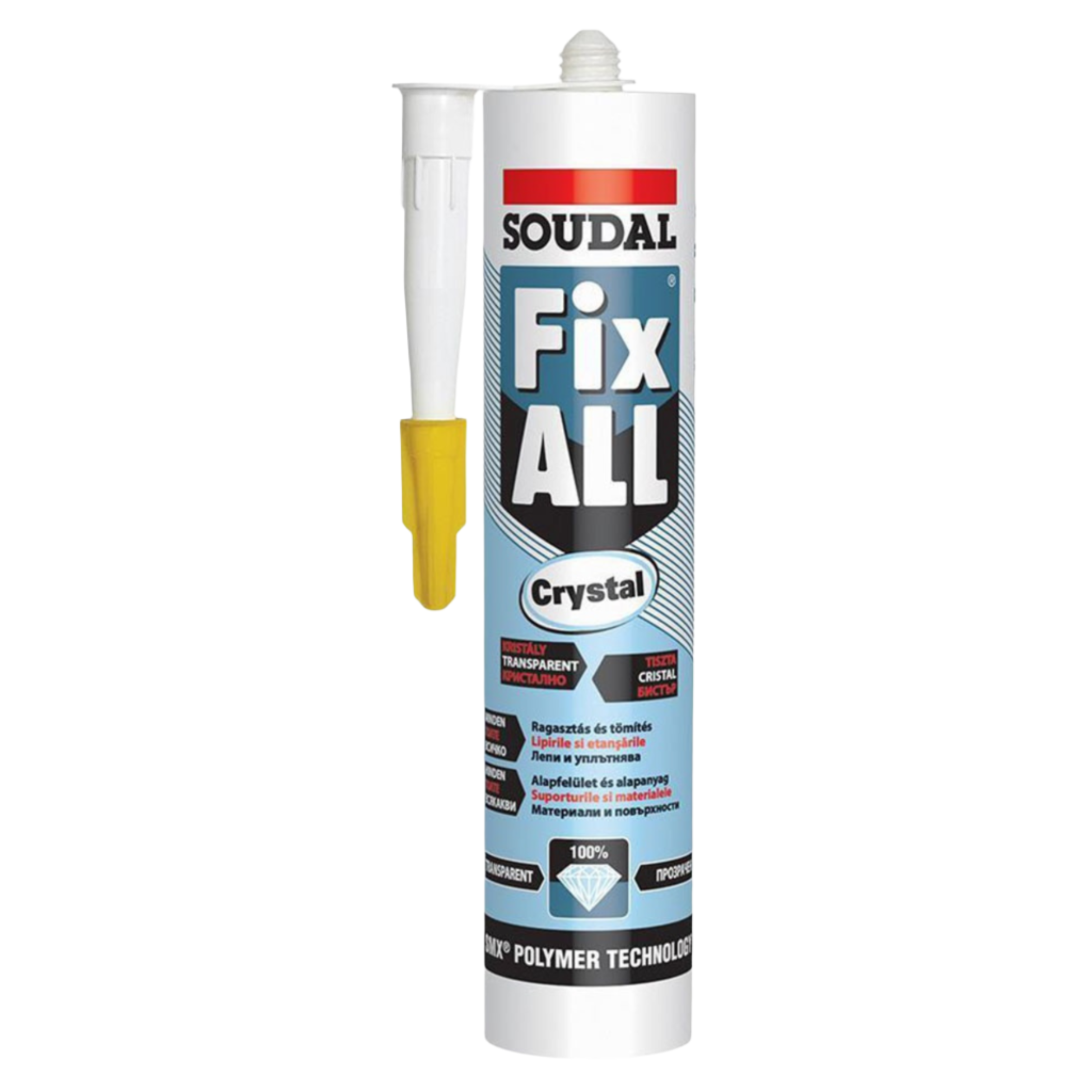 Adeziv Soudal Fix All Crystal - Transparent, 290ml, lipire invizibilă și rezistență maximă pentru construcții și bricolaj.