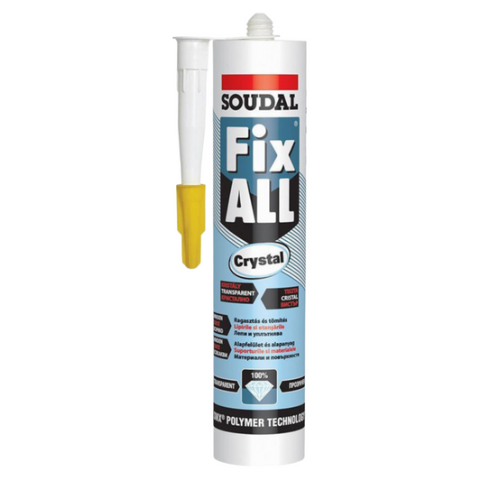 Adeziv Soudal Fix All Crystal - Transparent, 290ml, lipire invizibilă și rezistență maximă pentru construcții și bricolaj.
