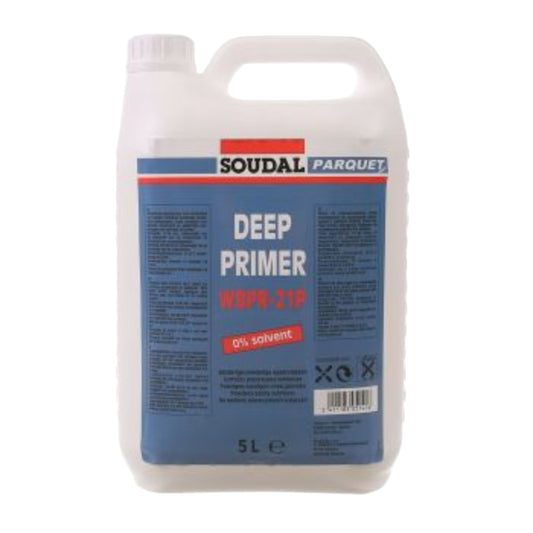 Amorsă pentru Adeziv Parchet Soudal WBPR-21P - 5L, îmbunătățește aderența și protejează substratul împotriva umidității.
