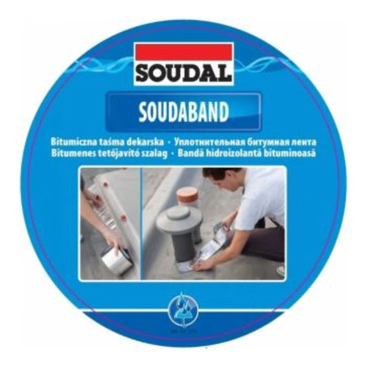 Bandă Bituminoasă Soudal - 10cm x 10m, folie de aluminiu RAL 8017, autoadezivă, etanșare și protecție impermeabilă pentru acoperișuri și jgheaburi.