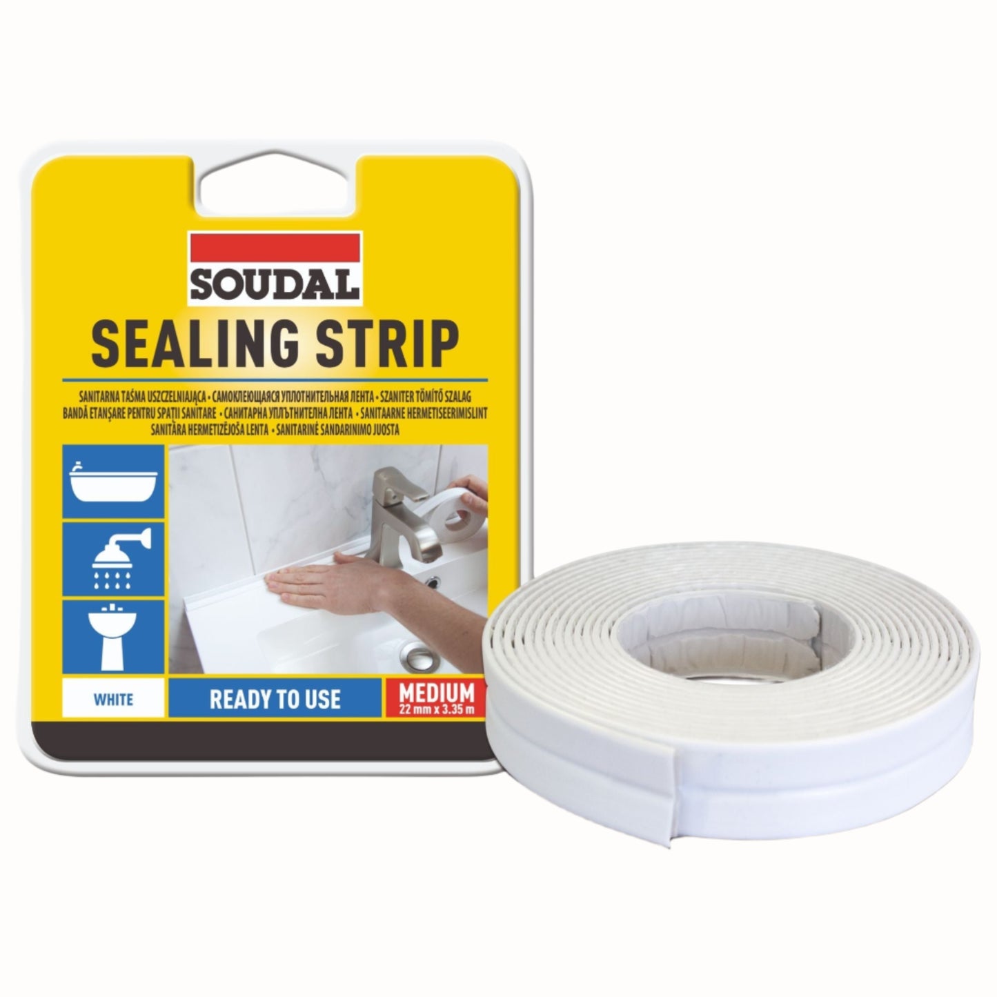Bandă Etanșare Soudal - 22mm x 3.35m, albă, autoadezivă, sigilare cadă, chiuvetă și blat de bucătărie.