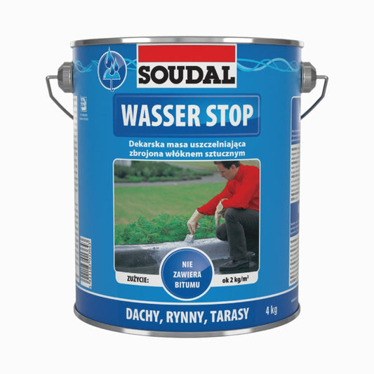 Hidroizolație Pastă Soudal Wasser Stop - 4kg, protectie impermeabilă cu fibre ranforsate pentru acoperișuri, fundații și terase.