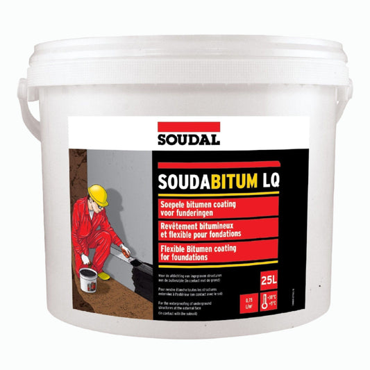 Hidroizolație flexibilă Soudal Soudabitum LQ - 25L, protecție impermeabilă pentru fundații, terase și acoperișuri.