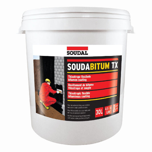 Hidroizolație flexibilă Soudal Soudabitum TX - 30L, protecție impermeabilă pentru acoperișuri, fundații și suprafețe expuse.