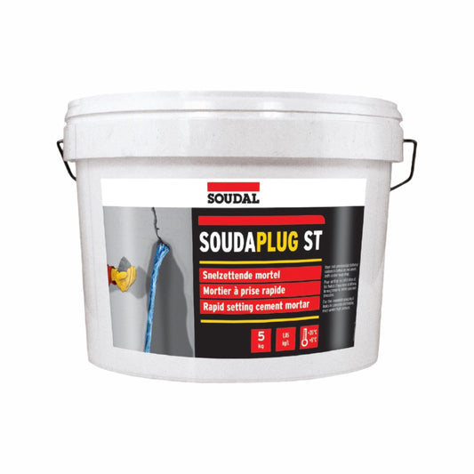 Mortar Ciment Ultra Rapid Soudal Soudaplug ST - 5kg, gri, priză rapidă, ideal pentru reparații și etanșare infiltrațiilor de apă.