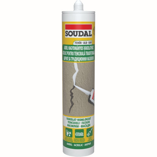 Silicon Acril Soudal - Alb, 280ml, etanșare durabilă pentru fațade, rosturi și îmbinări exterioare.