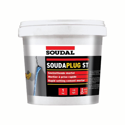 Mortar de reparații Soudal Soudaplug ST - Gri, 5 kg, pentru oprirea infiltrațiilor de apă în beton și zidărie.