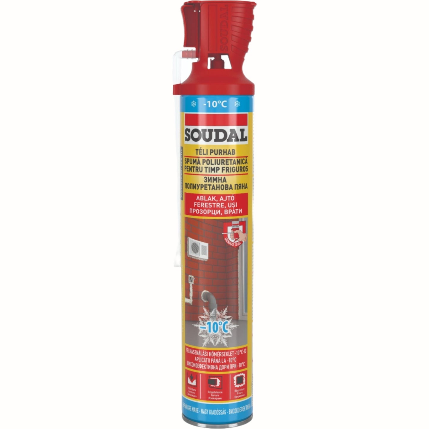Spumă Poliuretanică Soudal - 750ml, izolare termică de iarnă, aplicare manuală, ideală pentru temperaturi scăzute.