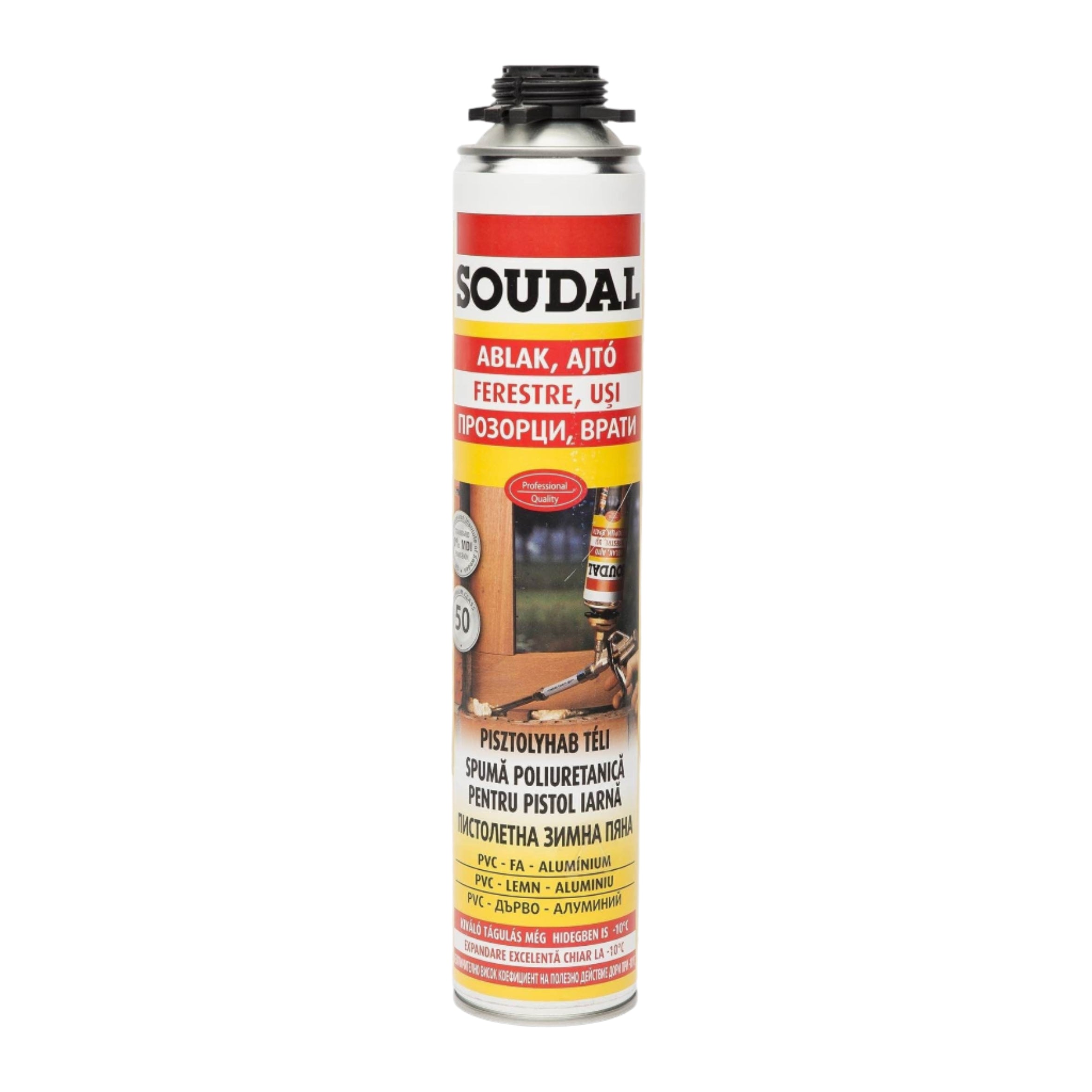 Spumă Poliuretanică Soudal - 750ml, izolare termică de iarnă, aplicare cu pistol, ideală pentru temperaturi scăzute.