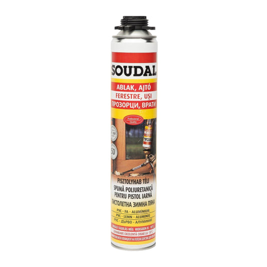 Spumă Poliuretanică Soudal - 750ml, izolare termică de iarnă, aplicare cu pistol, ideală pentru temperaturi scăzute.
