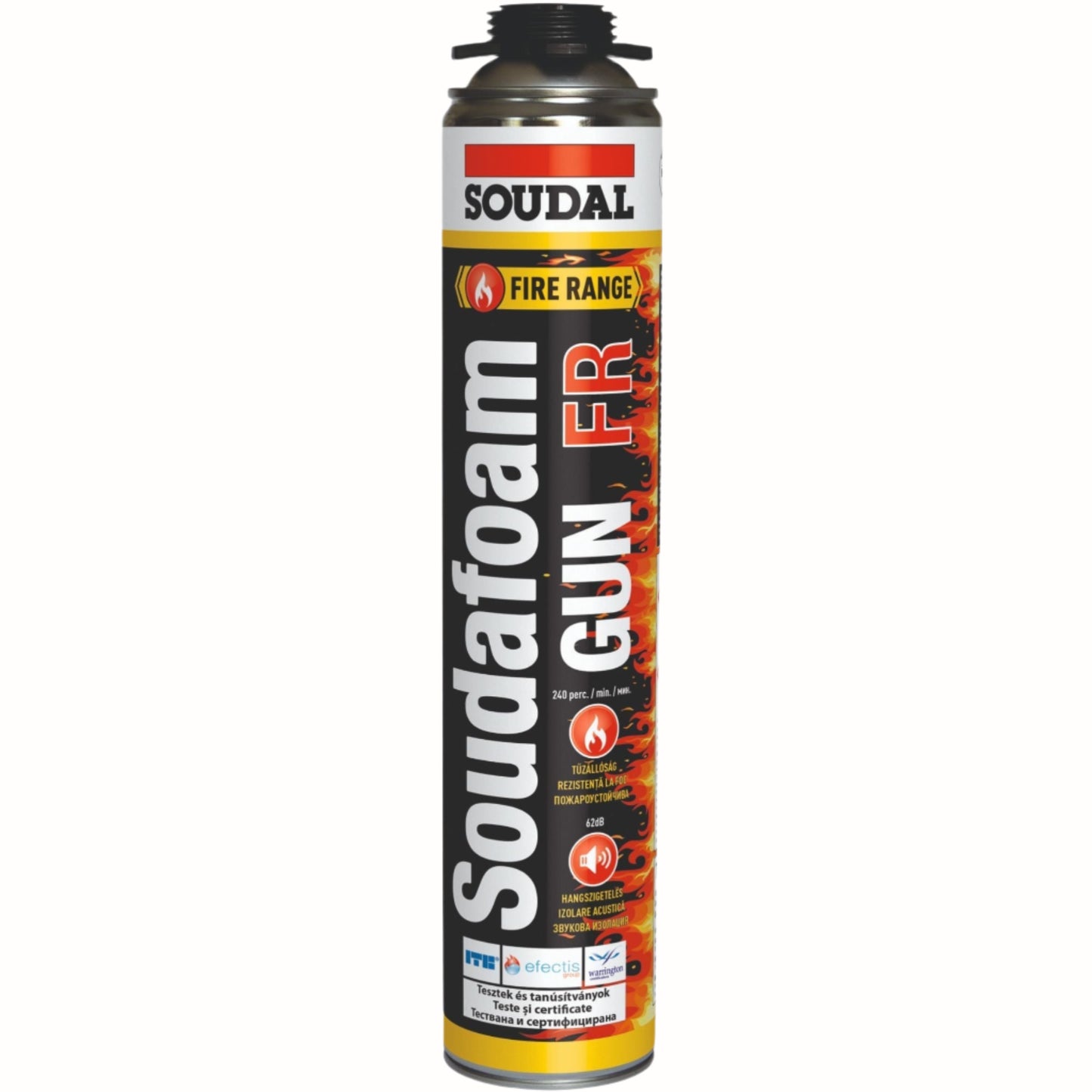 Spumă Poliuretanică Soudal - 750ml, aplicare cu pistol, protecție la foc și etanșare ignifugă pentru structura de siguranță.