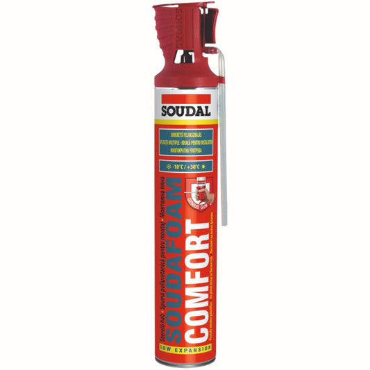Spumă Poliuretanică Soudal Comfort - 750ml, expandare redusă, etanșare și izolare termică fără riscuri de supraexpansiune.