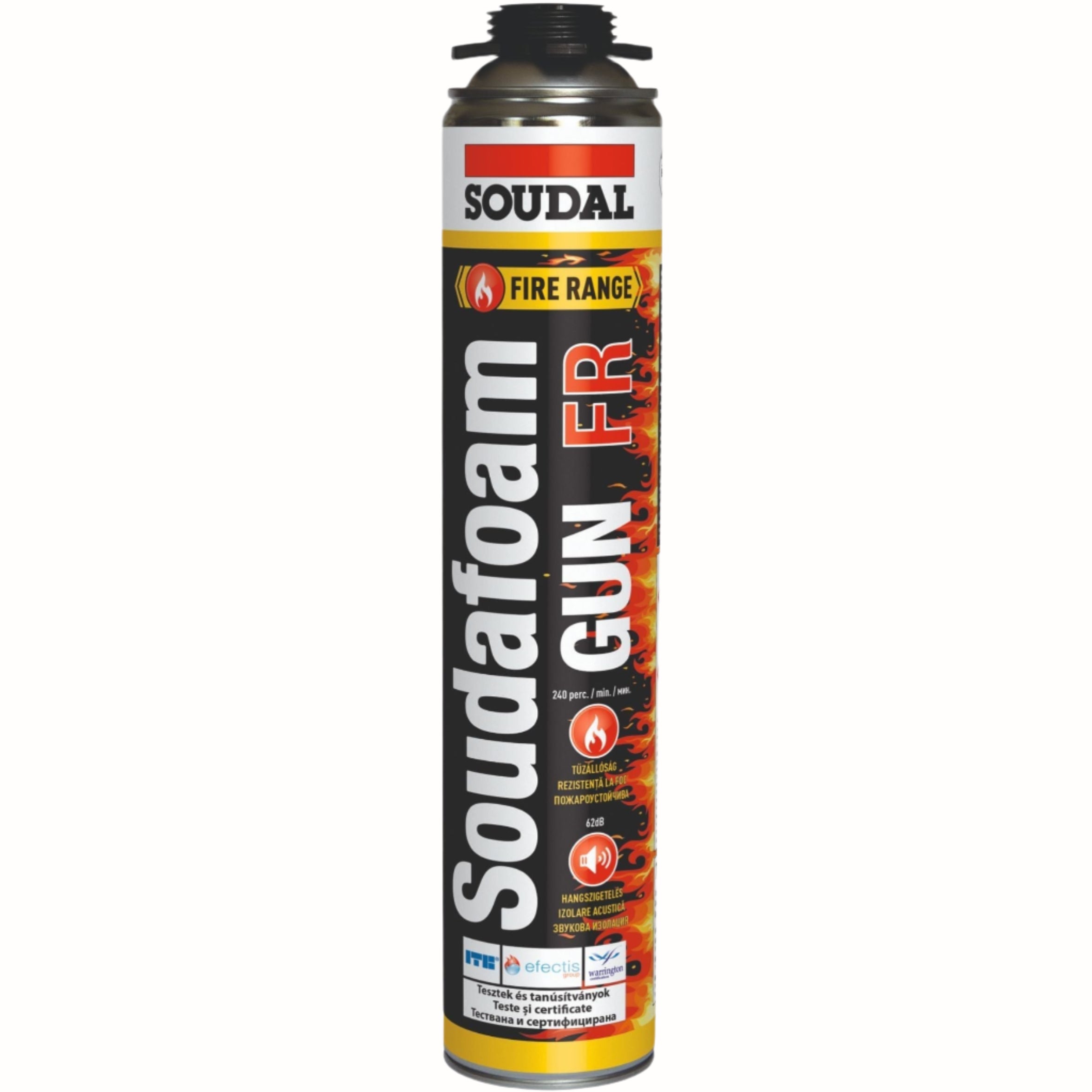 Spumă Poliuretanică Soudal Soudafoam Antifoc - 750ml, aplicare cu pistol, rezistență la foc, izolare termică și fonică, expansiune controlată.